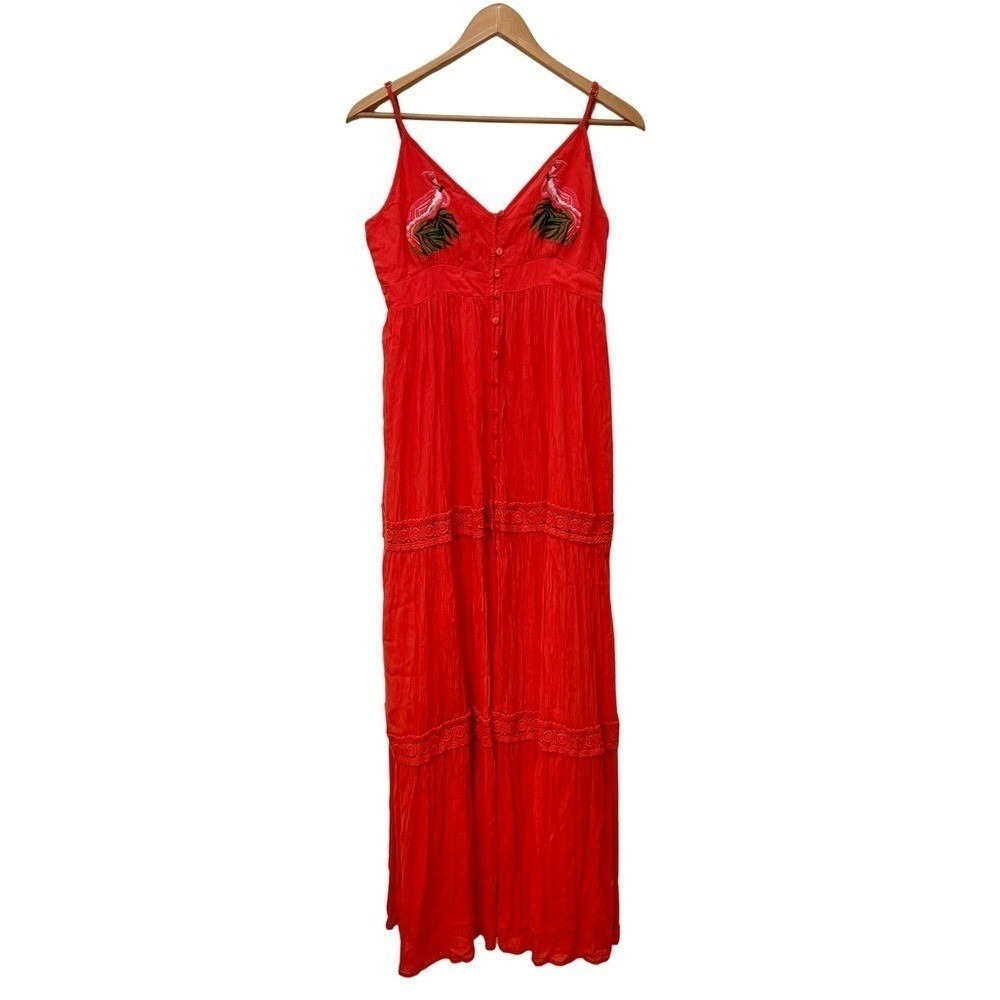 Madeline & Monroe Flamingo Embroidered Sleeveless Button Front Tiered Maxi Dress